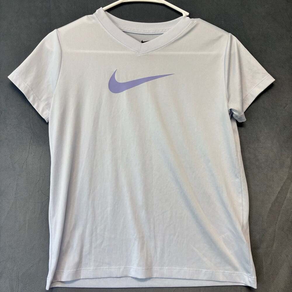 Nike Dri-Fit V-Neck T-Shirt Size Youth L Light Blue Logo Graphic Top